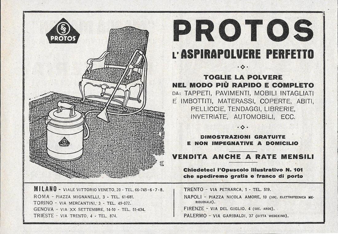 Protos l'Aspirapolvere Perfetto. Advertising 1928
