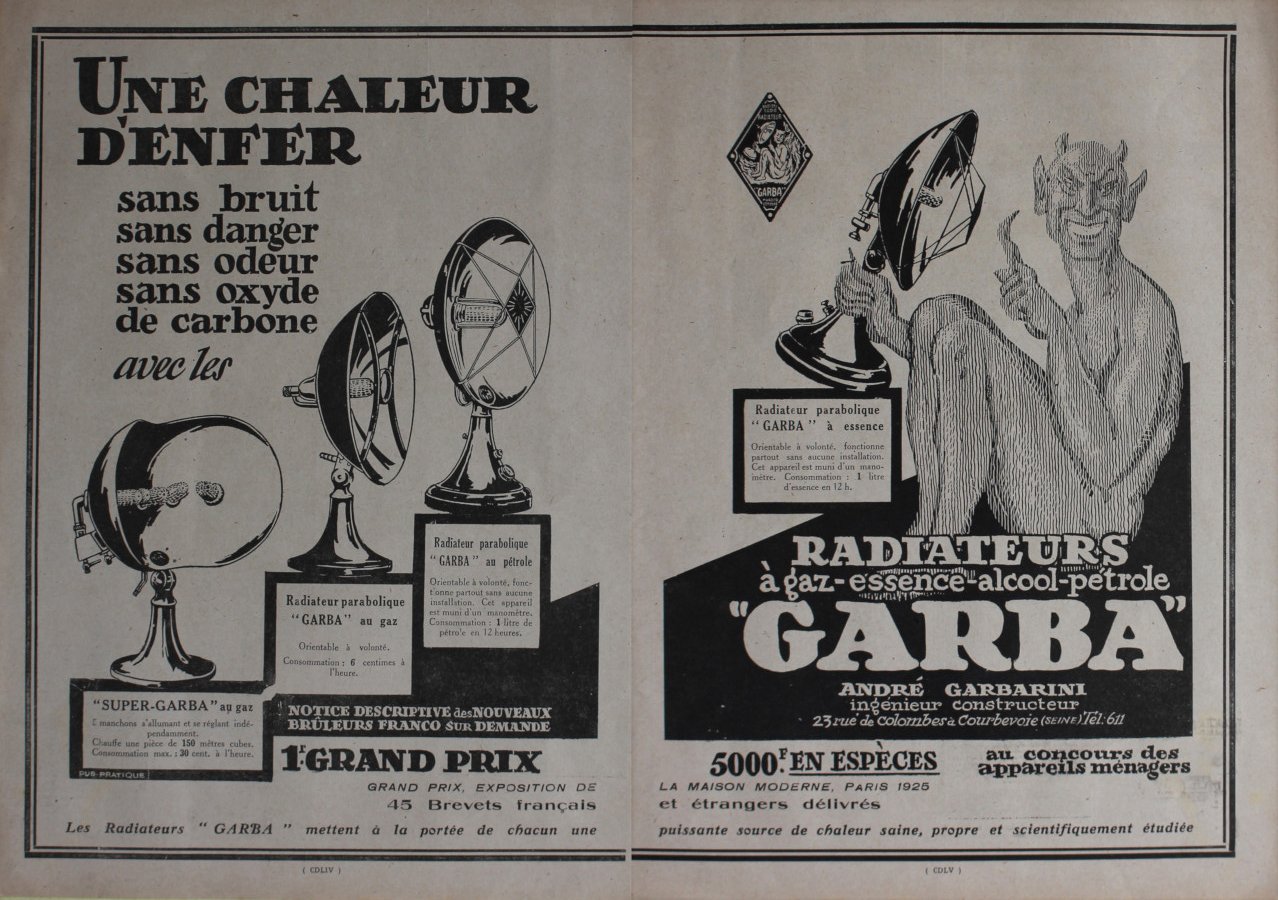 Radiateurs GARBA. Une chaleur d'enfer. Advertising 1926