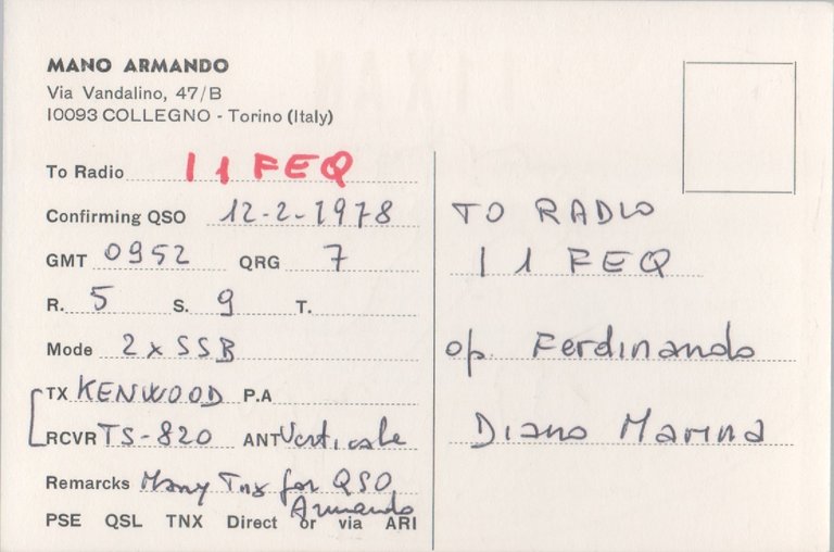 Radio Card. Collegno (TO) 1978. I1XAN - Mano Armando