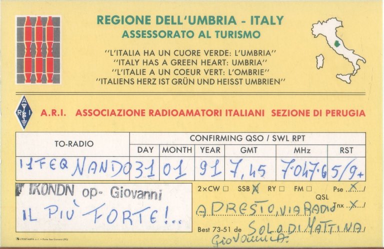 Radio Card. Perugia 1990. IKØNDN - ARI Perugia