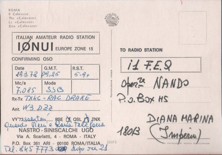 Radio Card. Roma 1978. IØNUI- Ugo Siniscalchi