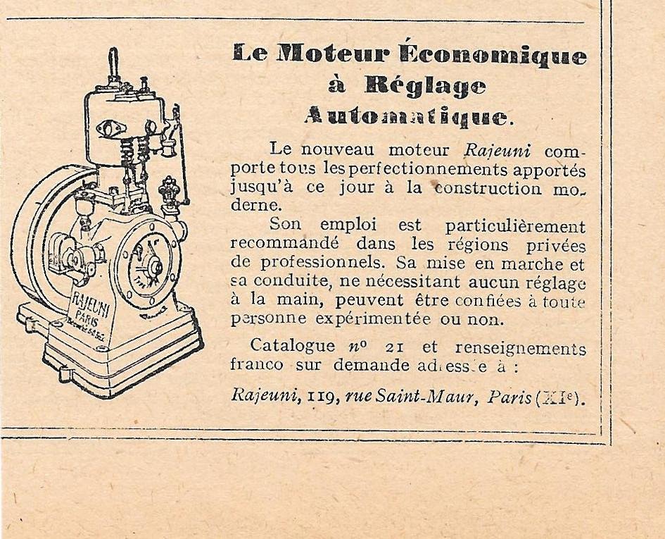 Rajeuni. Le moteur economique a reglage atomatique . Pubblicita 1923