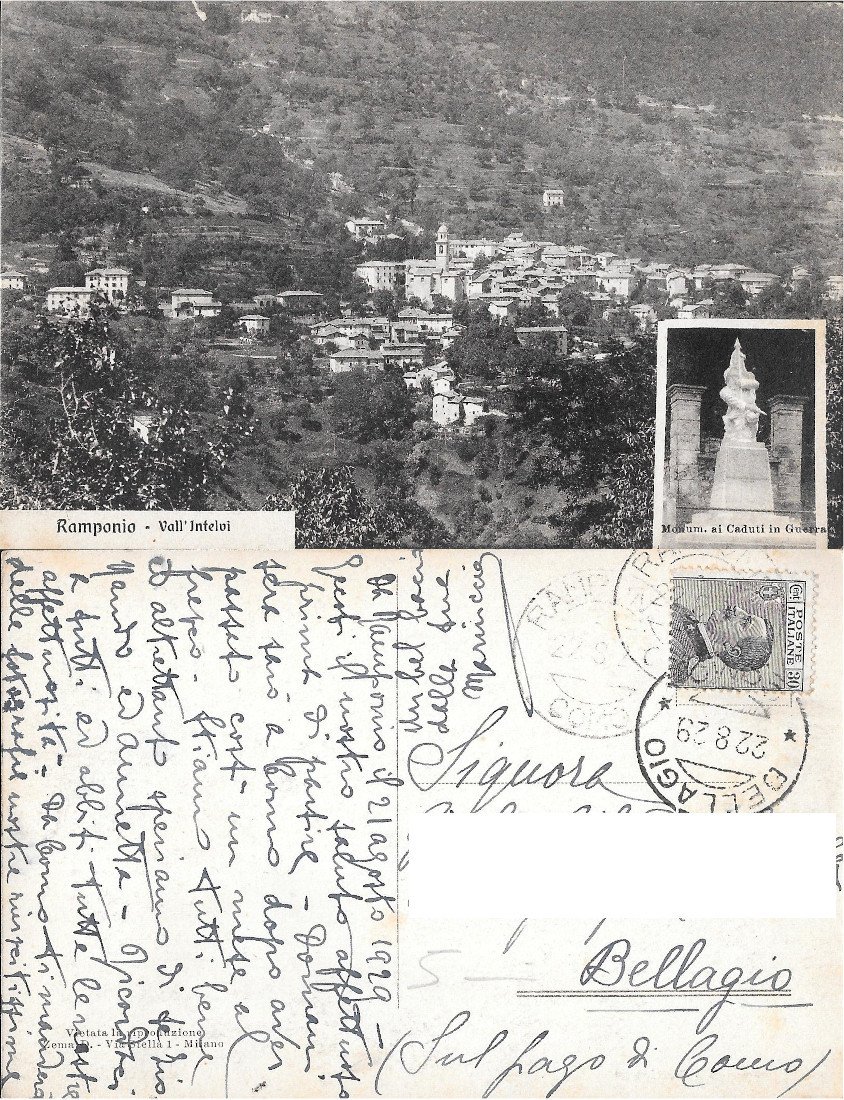Ramponio. Monumento ai Caduti. Vall'Intelvi. Viaggiata 1929