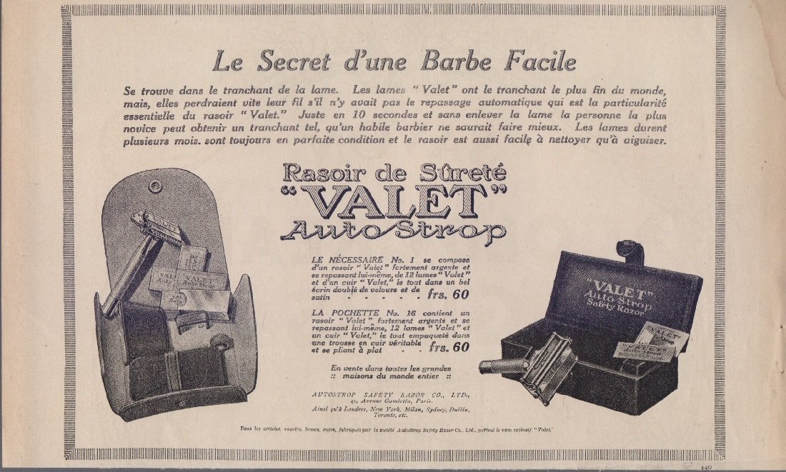Rasoir de surete Valet. Advertising 1920