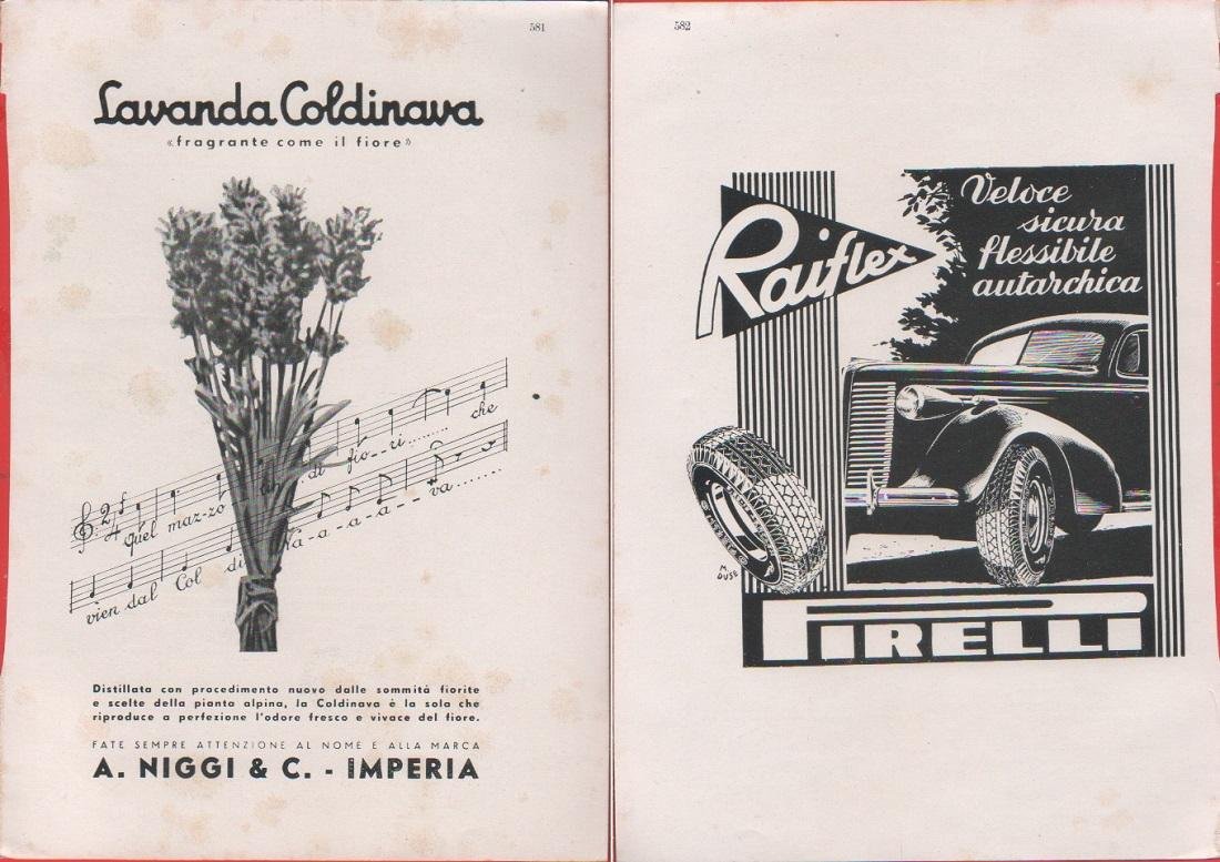 Reiflex Pirelli / Lavanda Coldinava. Fronte retro. Pubblicita 1940