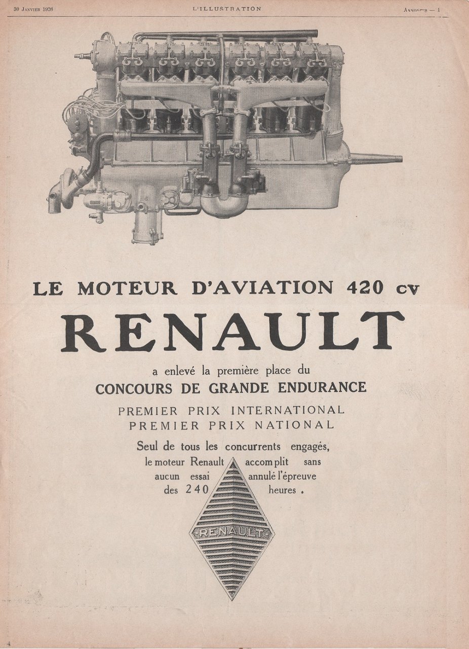 Renault le moteur d'aviation 420 cv. Advertising 1926