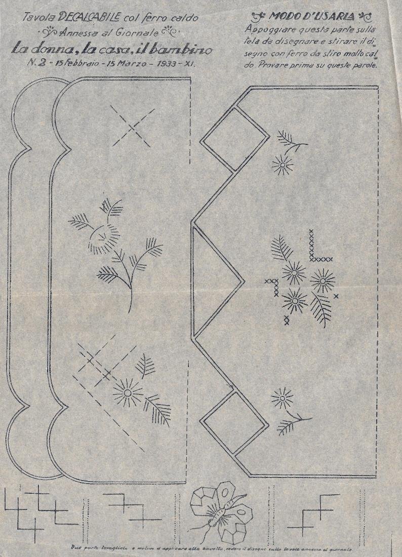 Ricamo per tovaglia, decalcabile con ferro caldo. Stampa 1932