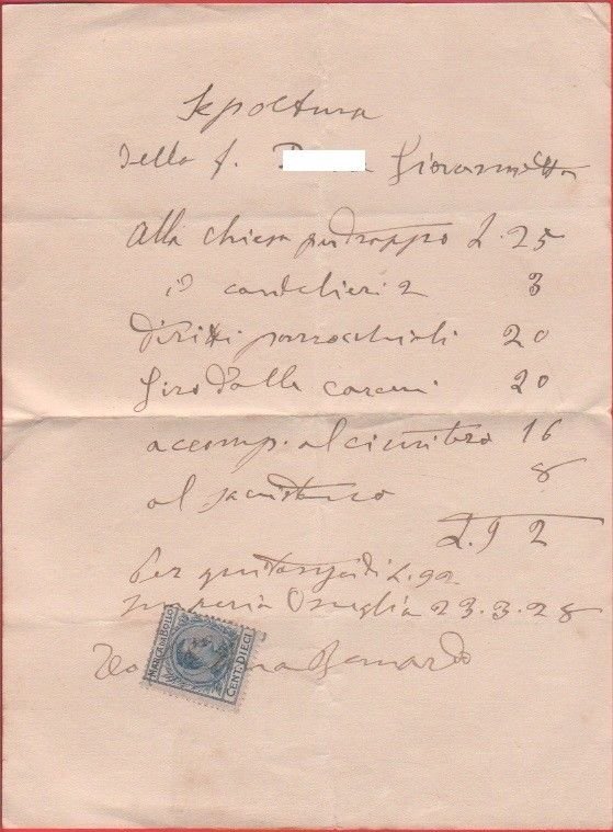 Ricevuta per sepoltura 1928 con marca da bollo 10 lire