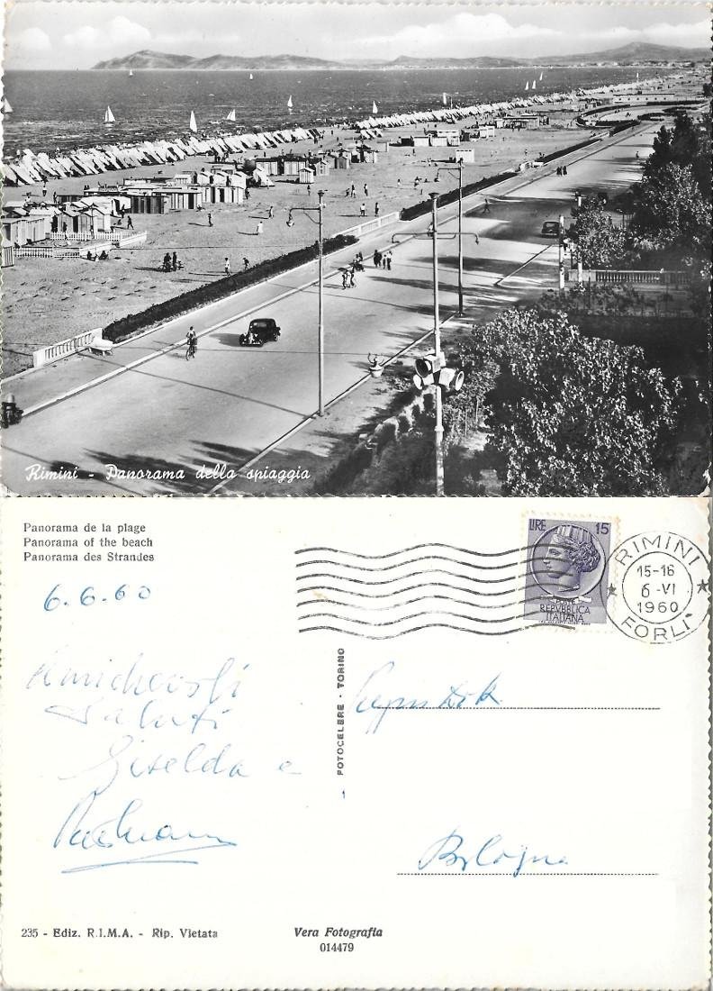Rimini. Panorama della spiaggia. Viaggiata 1960