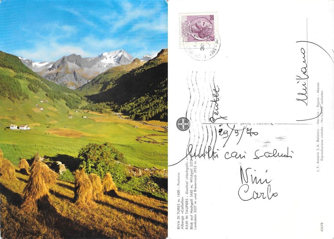 Riva di Tures. Pusteria. Albergo Collalto. Viaggiata 1970