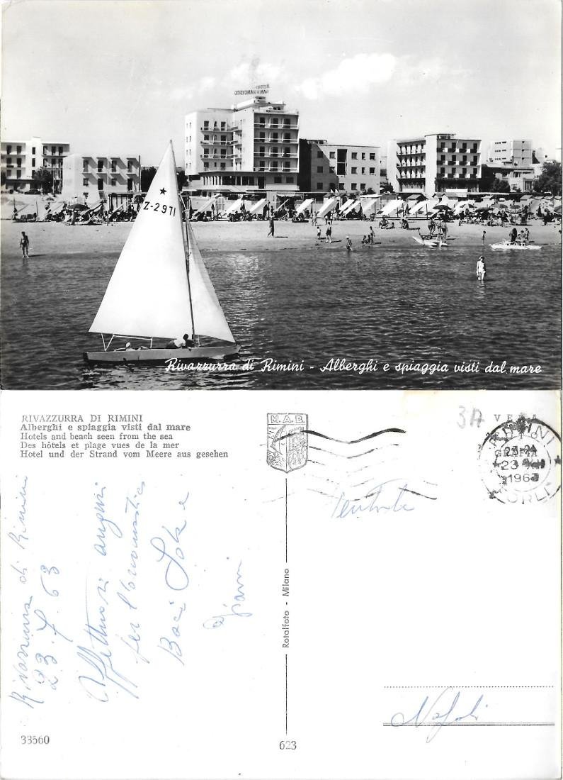 Rivazzurra di Rimini. Alberghi e spiaggia visti dal mare. Viaggiata …