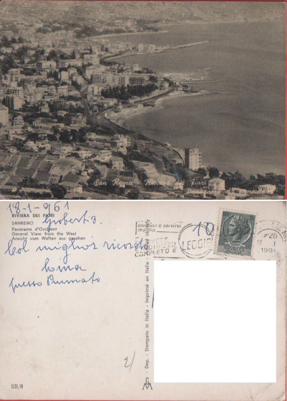 Riviera dei fiori. Sanremo.Viaggiata 1961