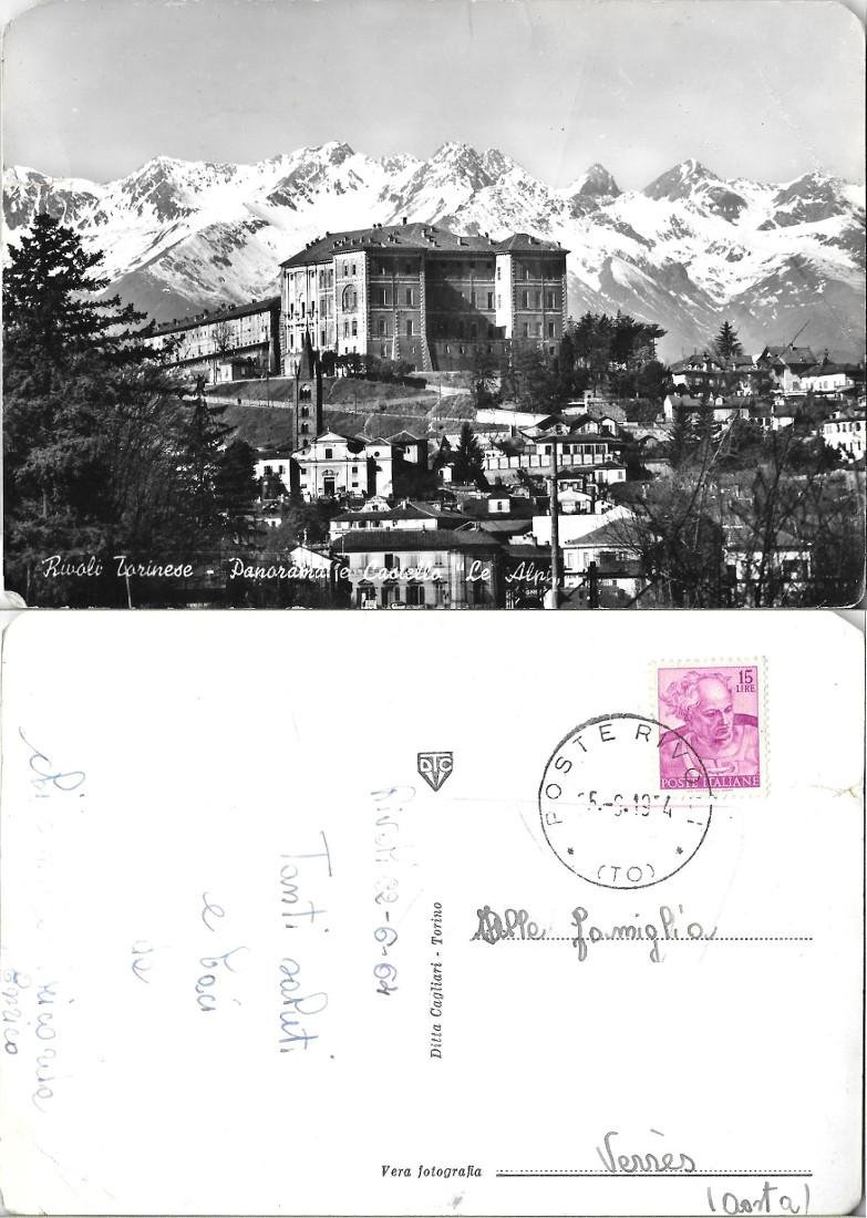 Rivoli Torinese. Panorama e Castello. Le Alpi. Viaggiata 1964