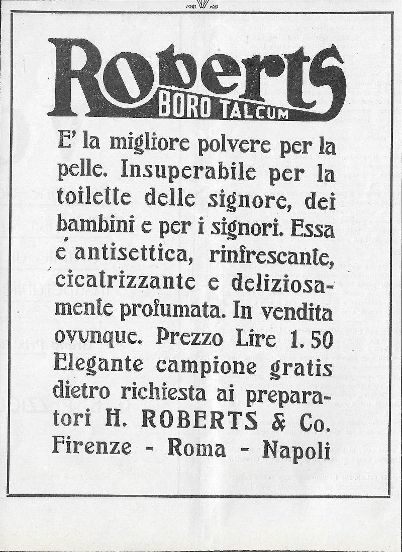 Roberts. Boro Talcum. Advertising 1912