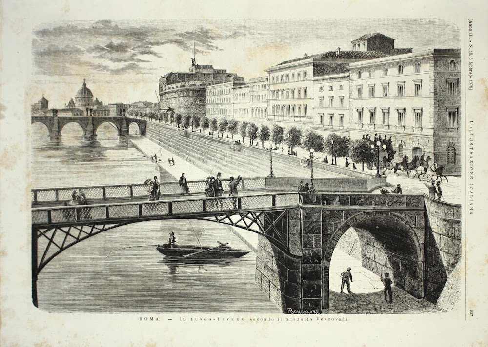 Roma. Il Lungo Tevere secondo il progetto Vescovali. Stampa 1876