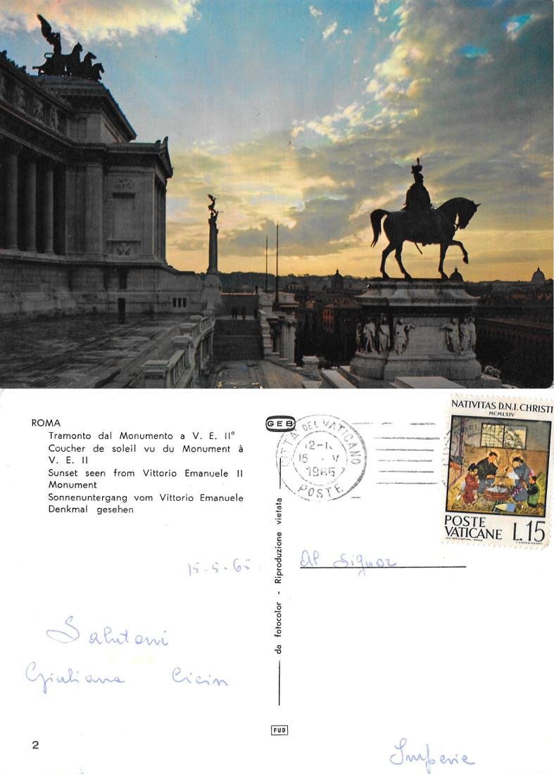 Roma. Tramonto dal Monumento a Vittorio Emanuele II. Viaggiata 1965