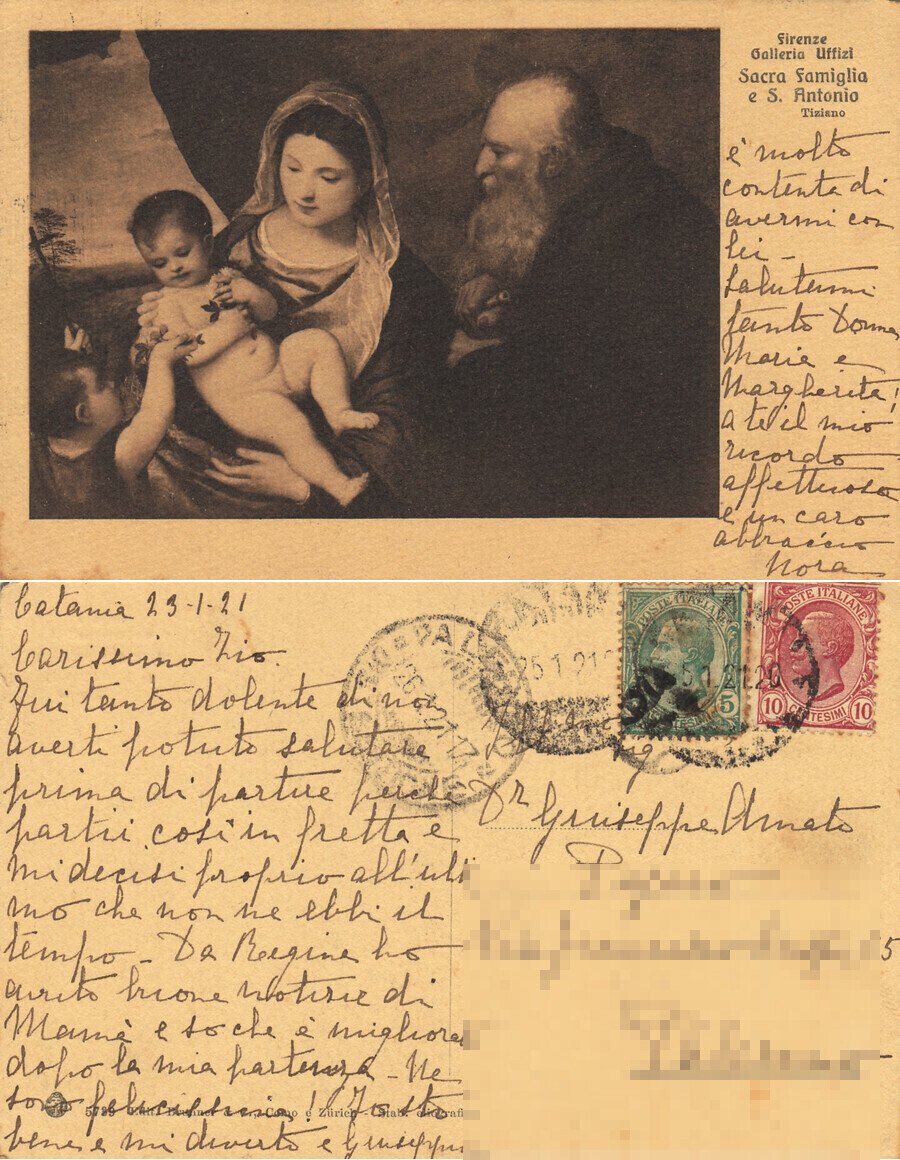 Sacra Famiglia e S. Antonio (Tiziano). Uffizi, Firenze. Viaggiata 1921
