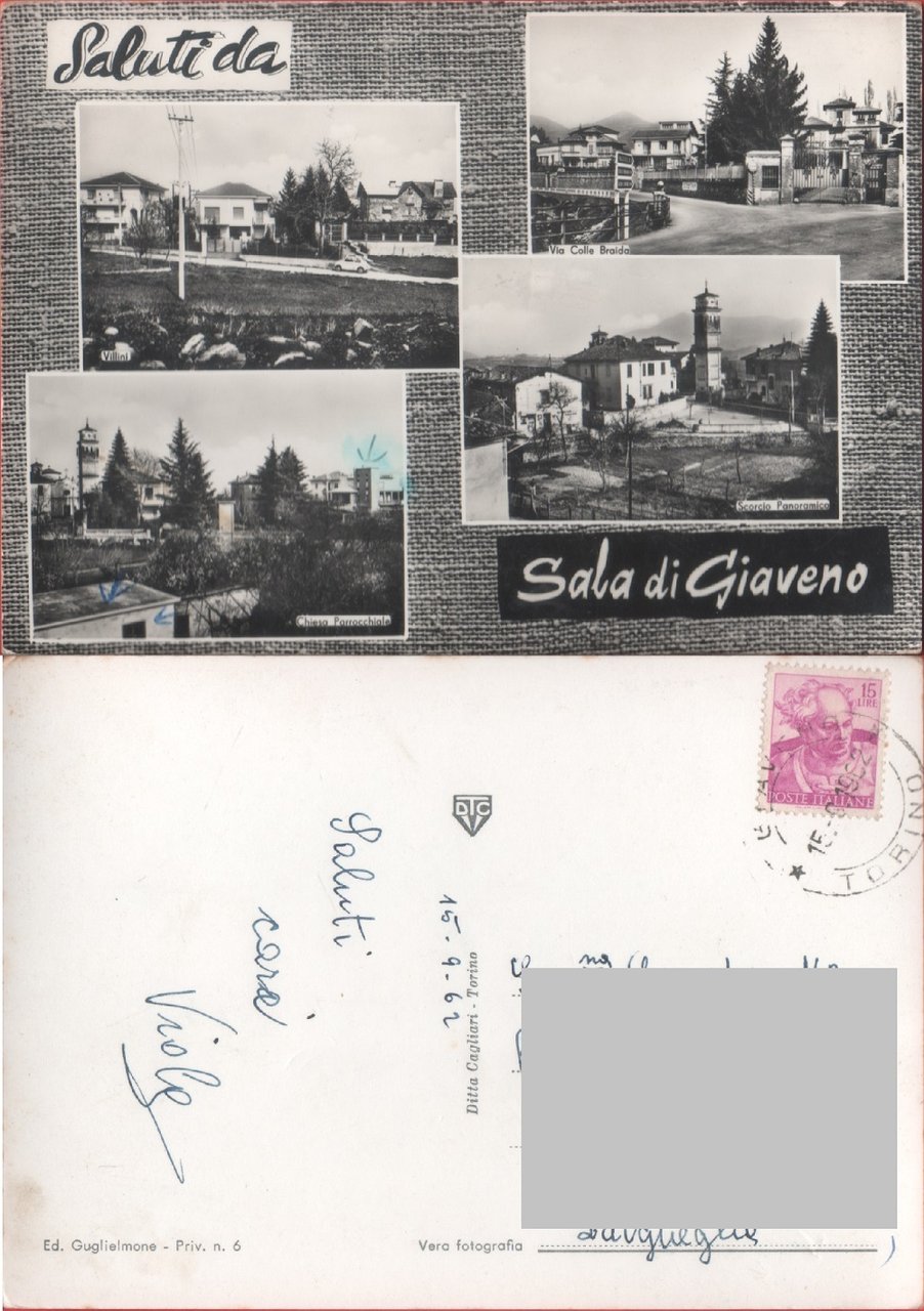 Sala di Giaveno (TO). Saluti. Viaggiata 1962