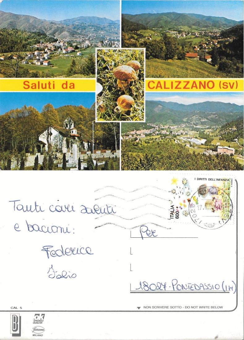 Saluti da Calizzano. Viaggiata 1991