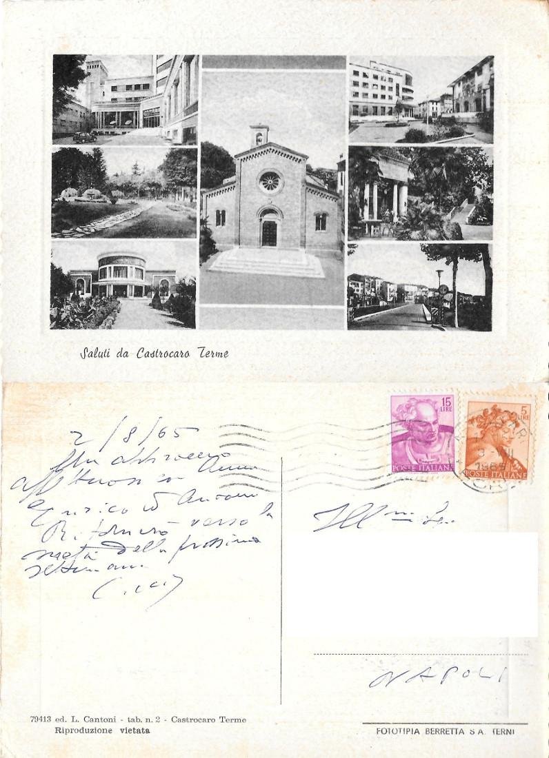 Saluti da Castrocaro Terme. Vedute. Viaggiata 1965