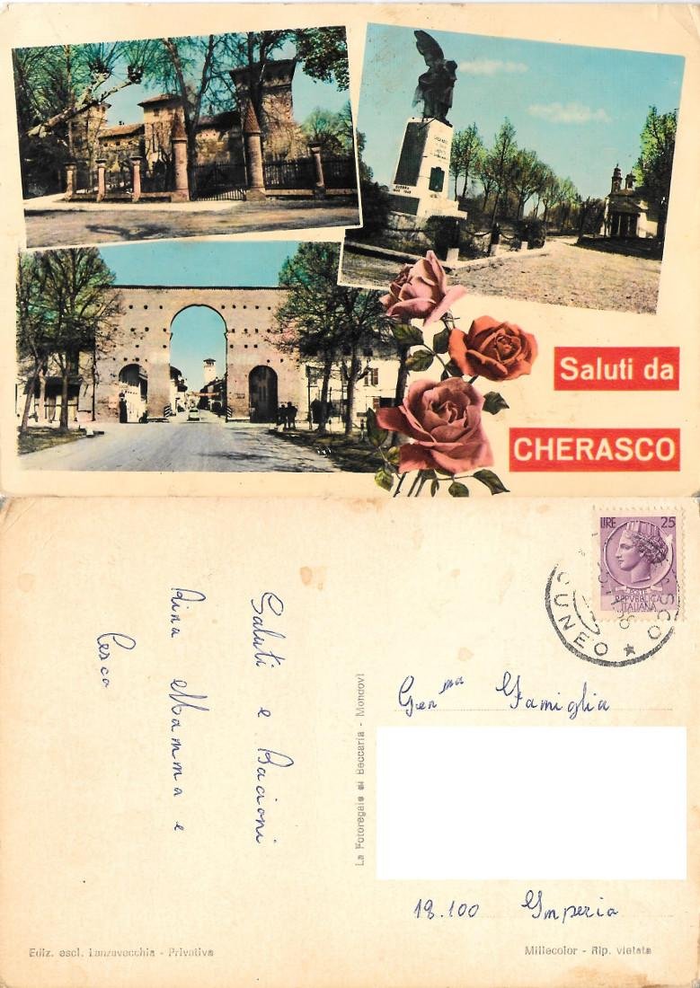 Saluti da Cherasco. Viaggiata 1958