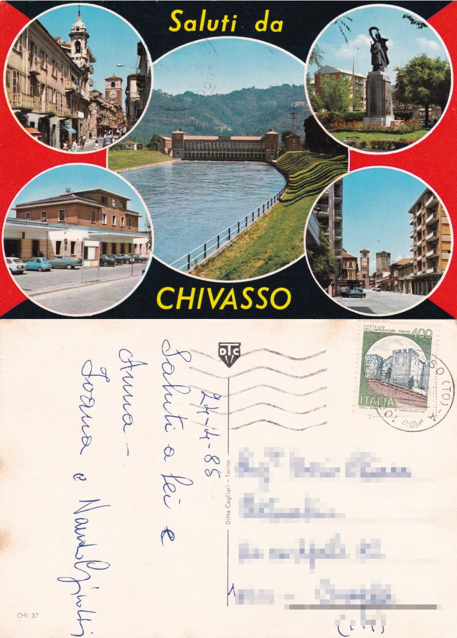 Saluti da Chivasso (TO). Viaggiata 1985