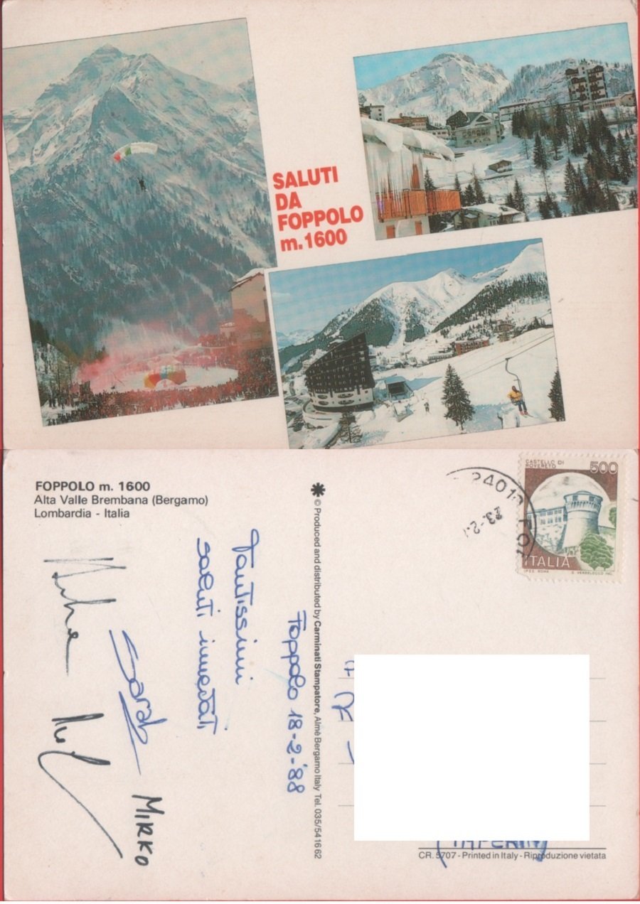 Saluti da Foppolo (BG). Viaggiata 1988
