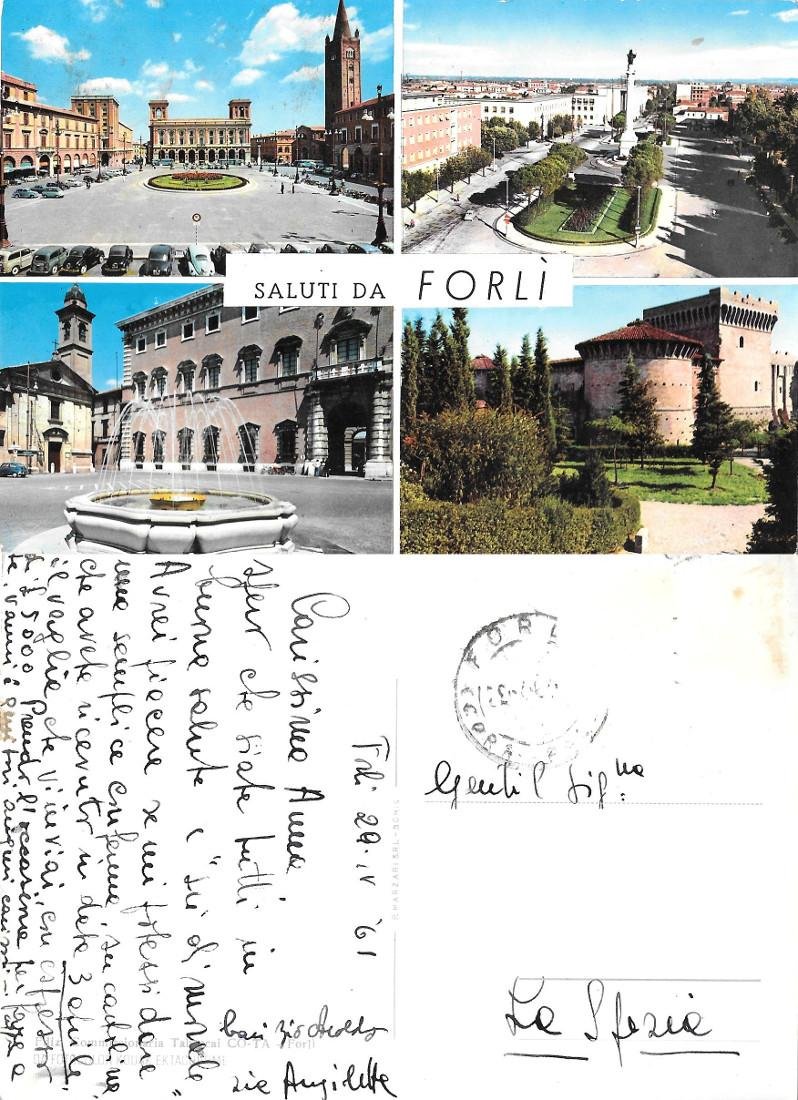 Saluti da Forlì. Vedute. Viaggiata 1961