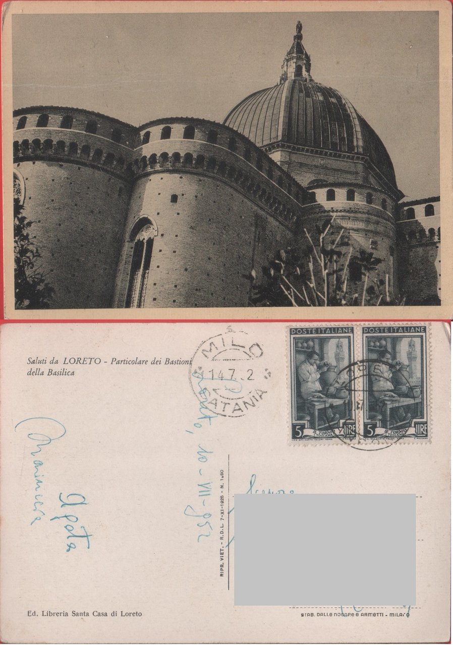 Saluti da Loreto. Particolare dei bastioni della Basilica. Viaggiata 1952
