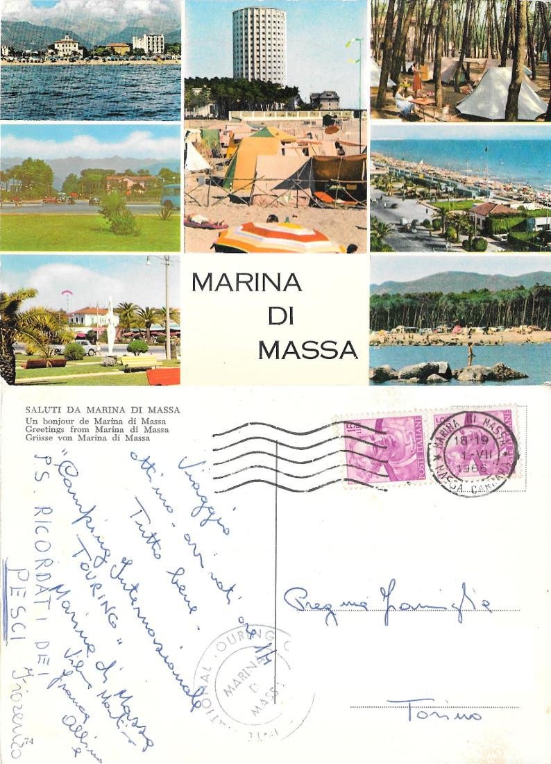 Saluti da Marina di Massa. Viaggiata 1966. International Touring Camping