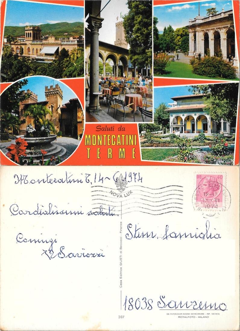 Saluti da Montecatini Terme. Vedutine. Viaggiata 1974