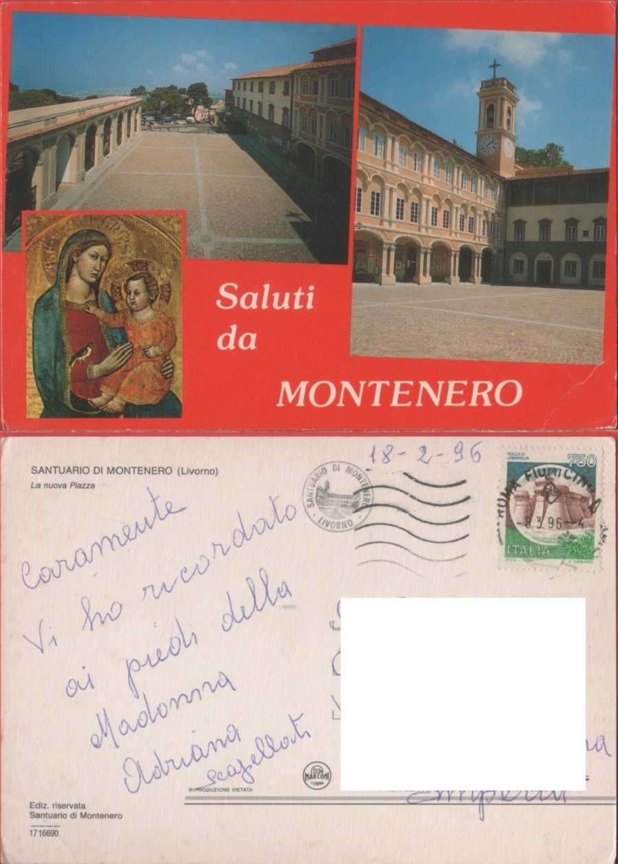 Saluti da Montenero (LI). Santuario. Viaggiata 1996
