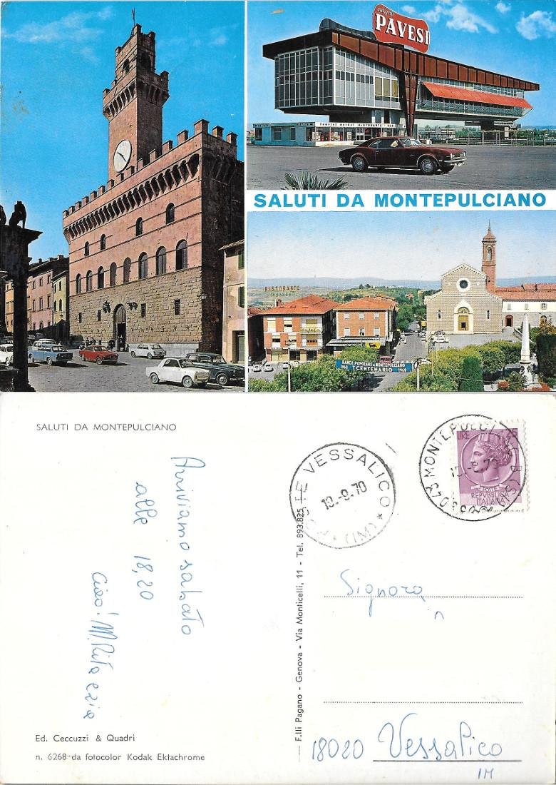 Saluti da Montepulciano. Viaggiata 1970