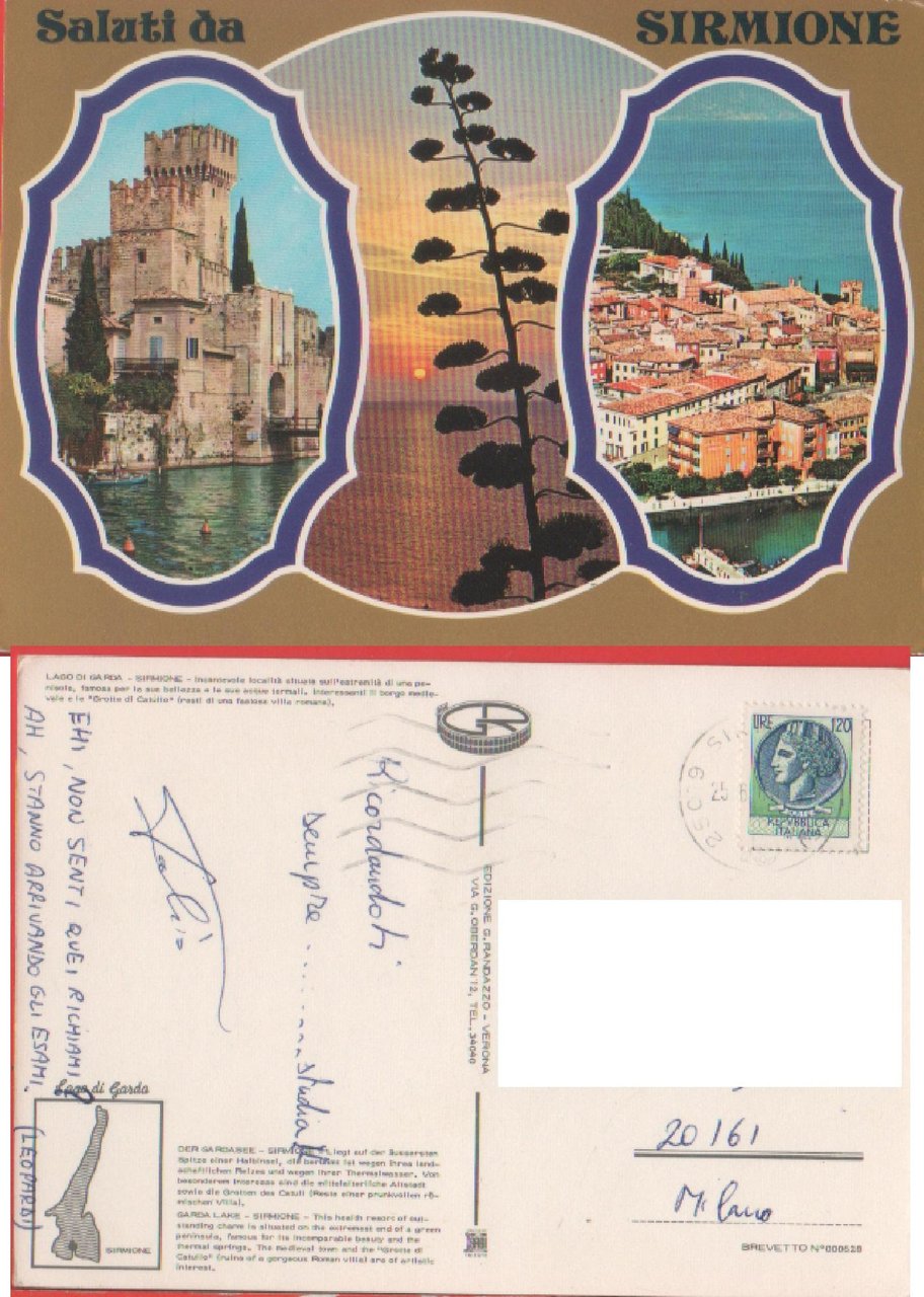 Saluti da Sirmione. Viaggiata 1988