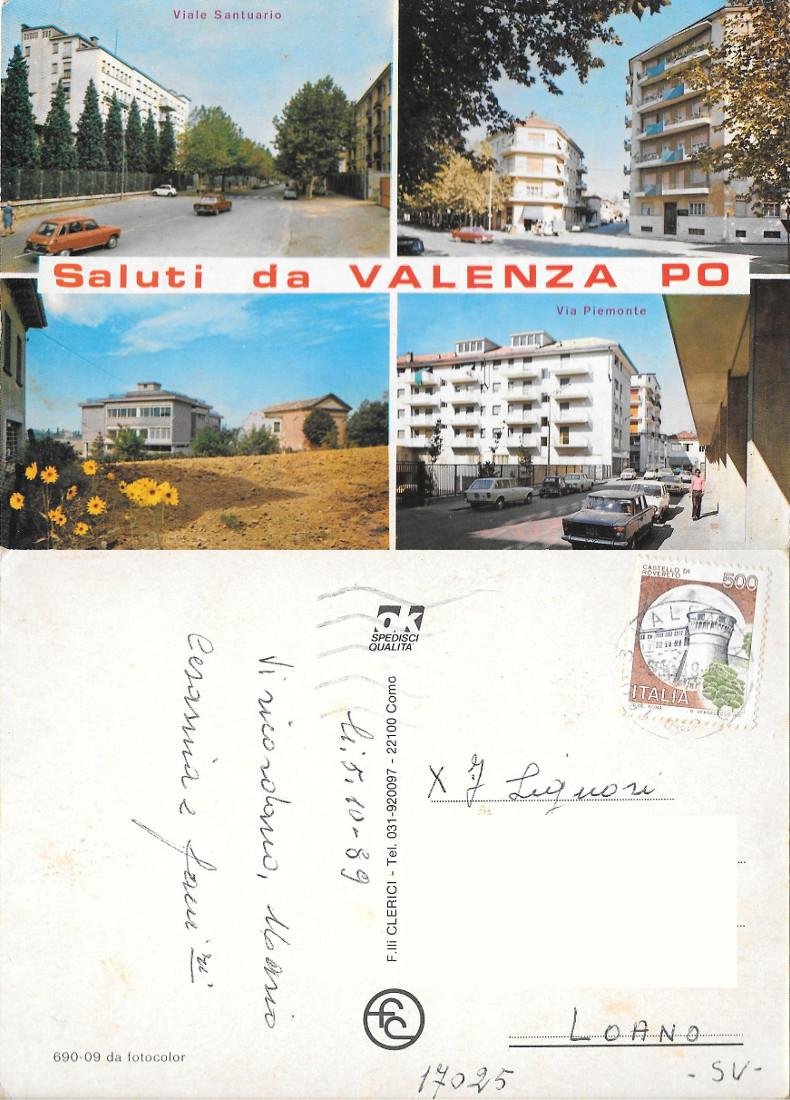 Saluti da Valenza Po. Viaggiata 1989