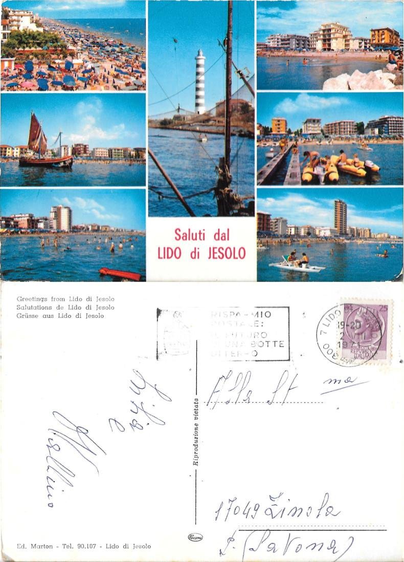 Saluti dal Lido di Jesolo. Viaggiata 1971