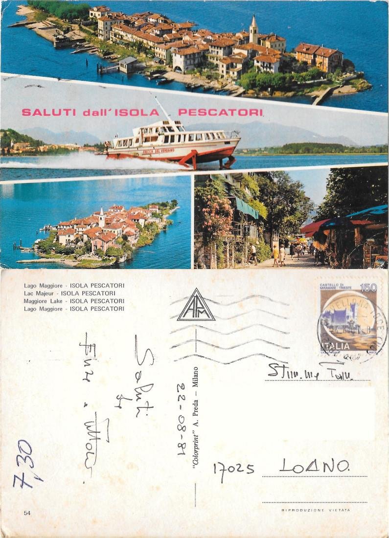 Saluti dall'Isola dei Pescatori. Lago Maggiore. Viaggiata 1981