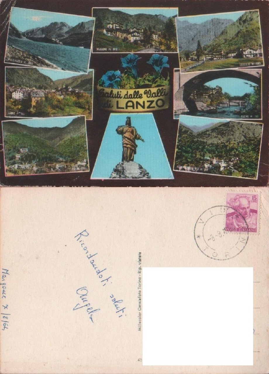 Saluti dalle valli di Lanzo. Viaggiata. 1964