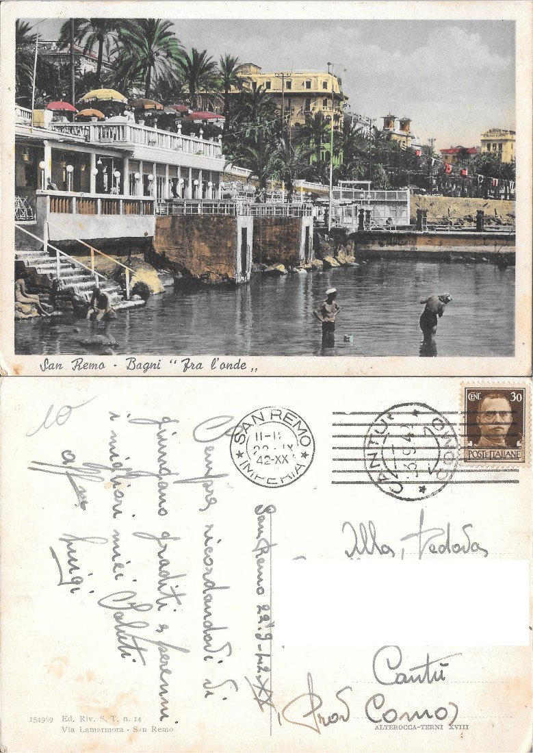 San Remo. Bagni 'Fra l'onde'. Viaggiata 1942