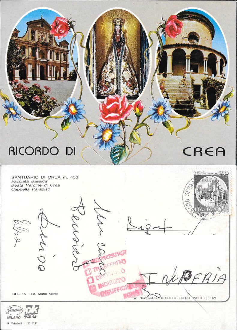 Santuario di Crea. Ricordo. Viaggiata 1990