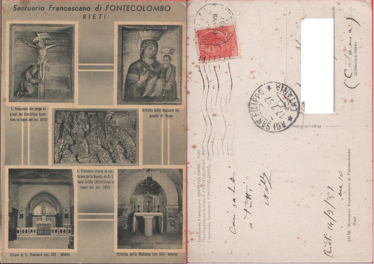Santuario Francescano di Fontecolombo, Rieti. Viaggiata 1957