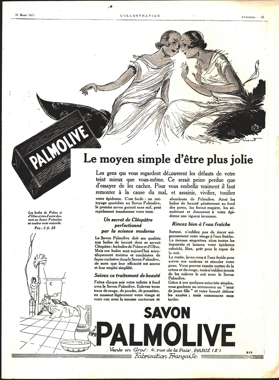 Savon Palmolive, le moyen simple d'etre plus jolie. Advertising 1925