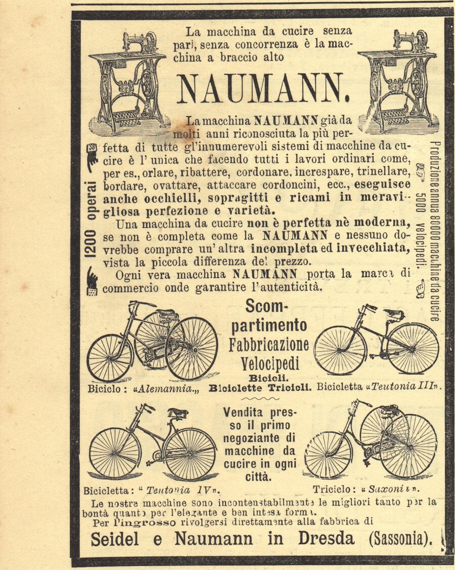 Seidel e Naumann, Dresda. Macchina da cucire, fabbricazione velocipedi. Advertising …