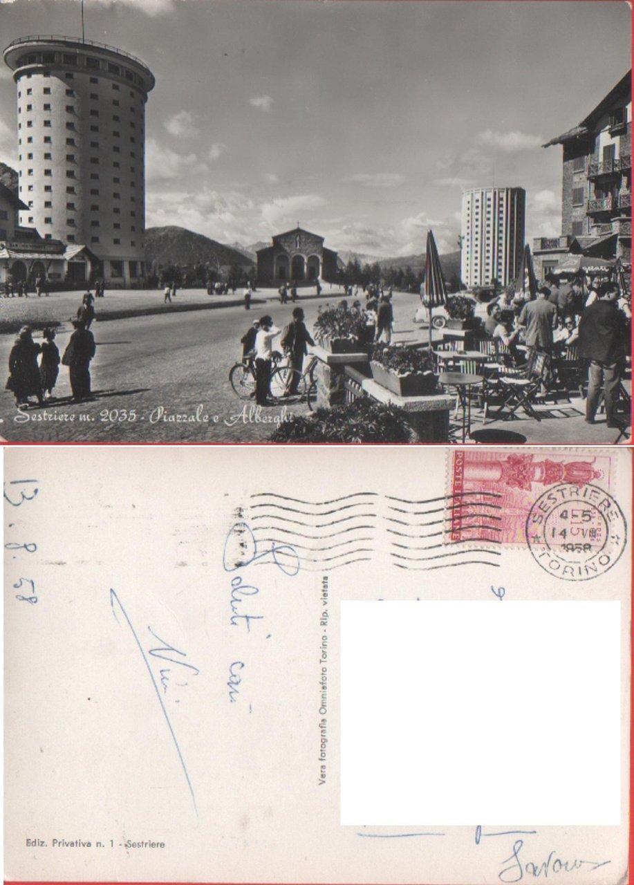 Sestriere. Piazzale e alberghi. Viaggiata 1958