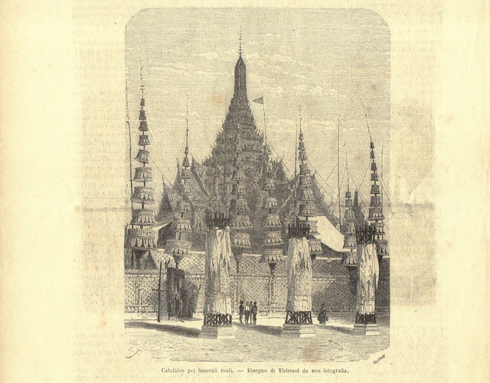 Siam. Catafalco pei funerali reali. Stampa 1863.