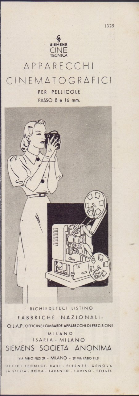 Siemens apparecchi cinematografici. Advertising 1940