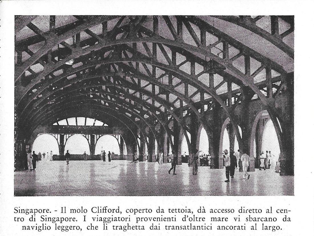Singapore. Il molo Clifford, coperto da una tettoia. Stampa 1934