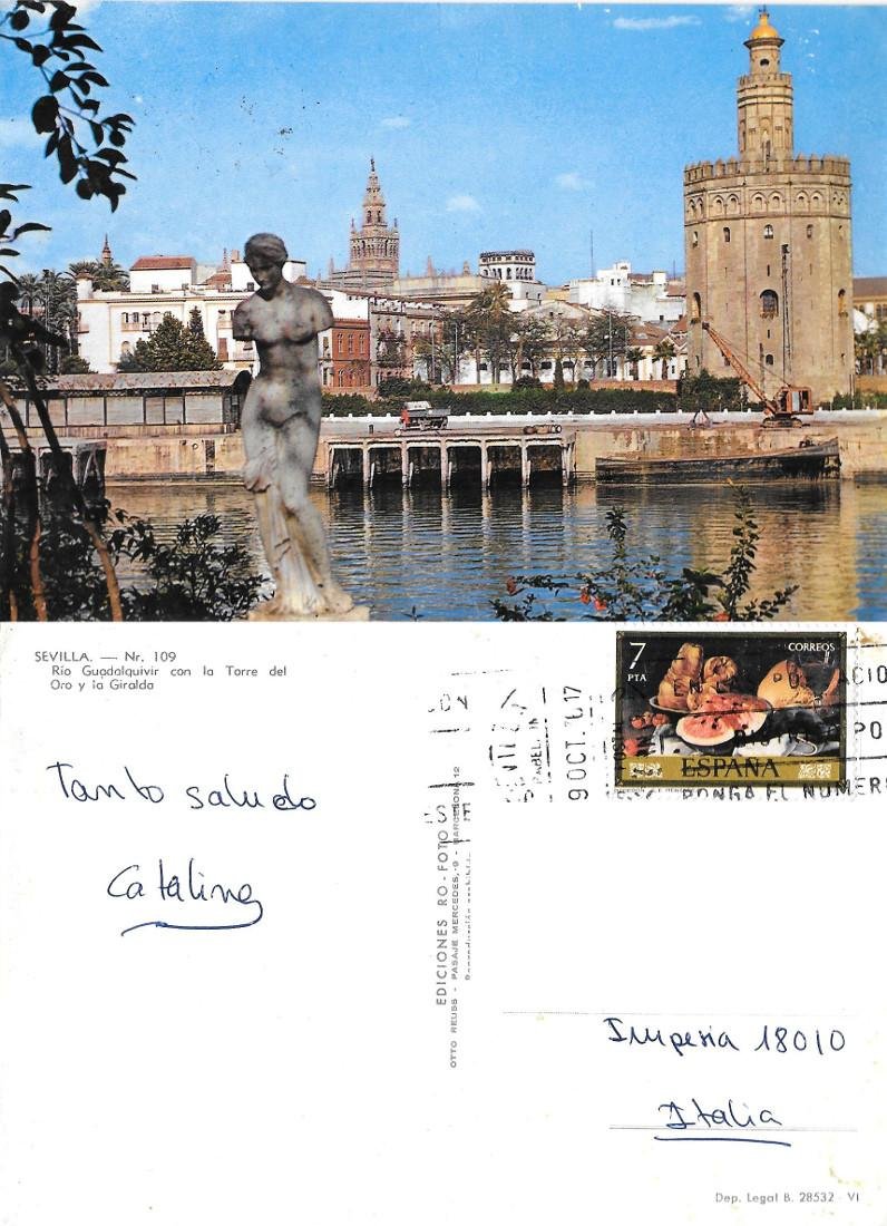 Siviglia. Rio Guadalquivir, Torre dell'Oro e la Giralda. Viaggiata 1976