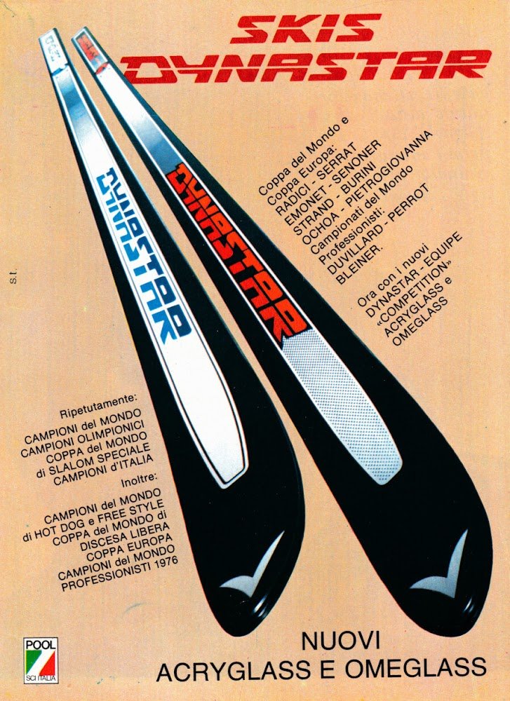 Skis Dynastar. Nuovi Acryglass e Omeglass. Advertising 1977
