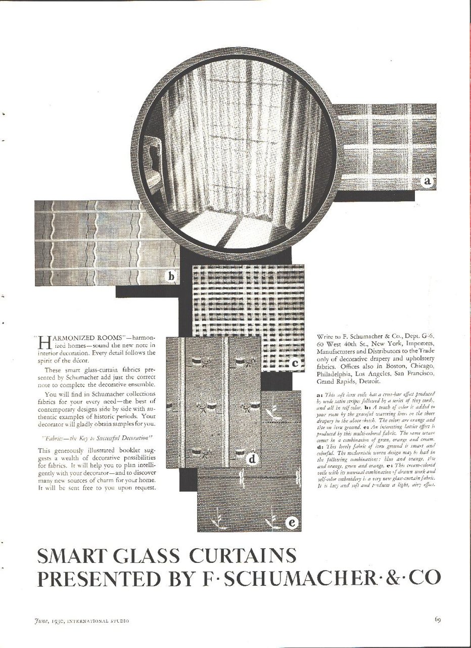 Smart Glass Curtains. F. Schumacher &amp; Co. Pubblicità 1930